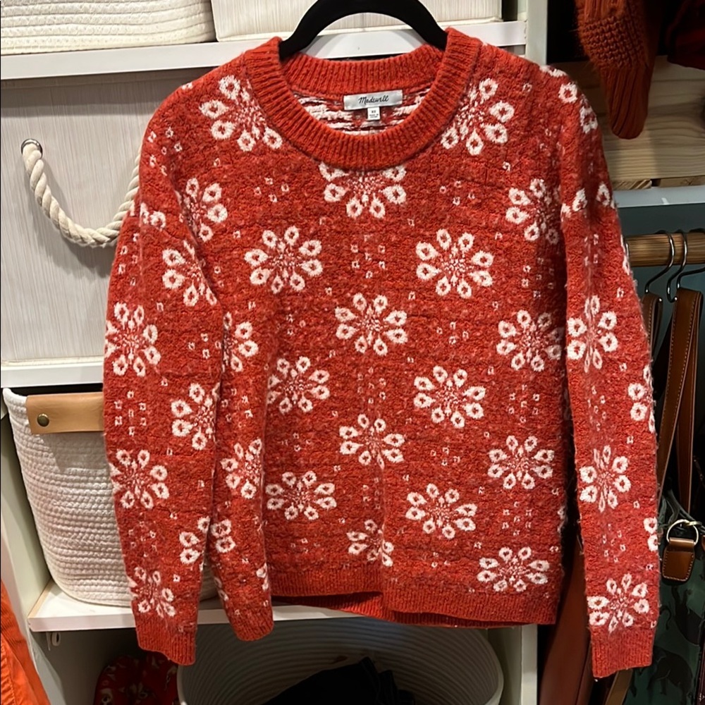 Madewell Red Burnt Orange Floral Snowflake Pattern Sweater